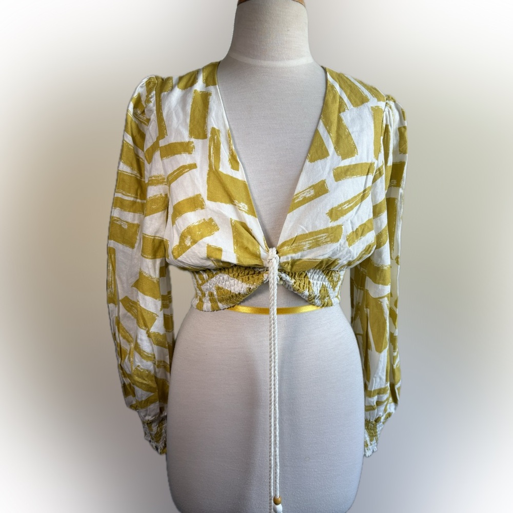 House of Harlow 1960 Linen Blend Yellow Long Sleeve Abstract Crop Top